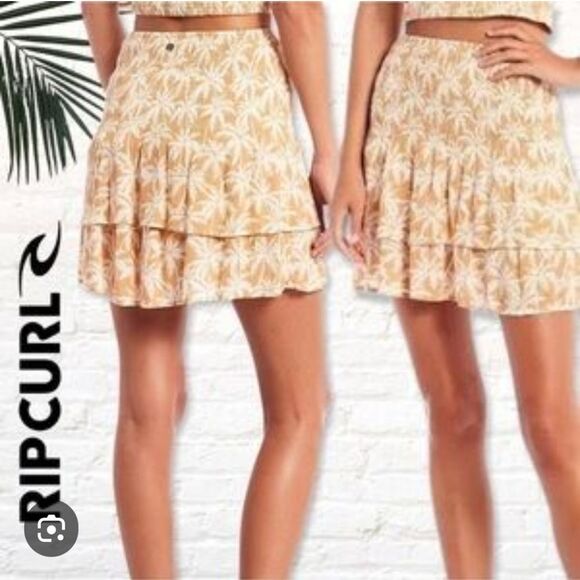 Rip Curl Women's Surf Palms tan & white gauzy tiered mini skirt sz large - Picture 1 of 9